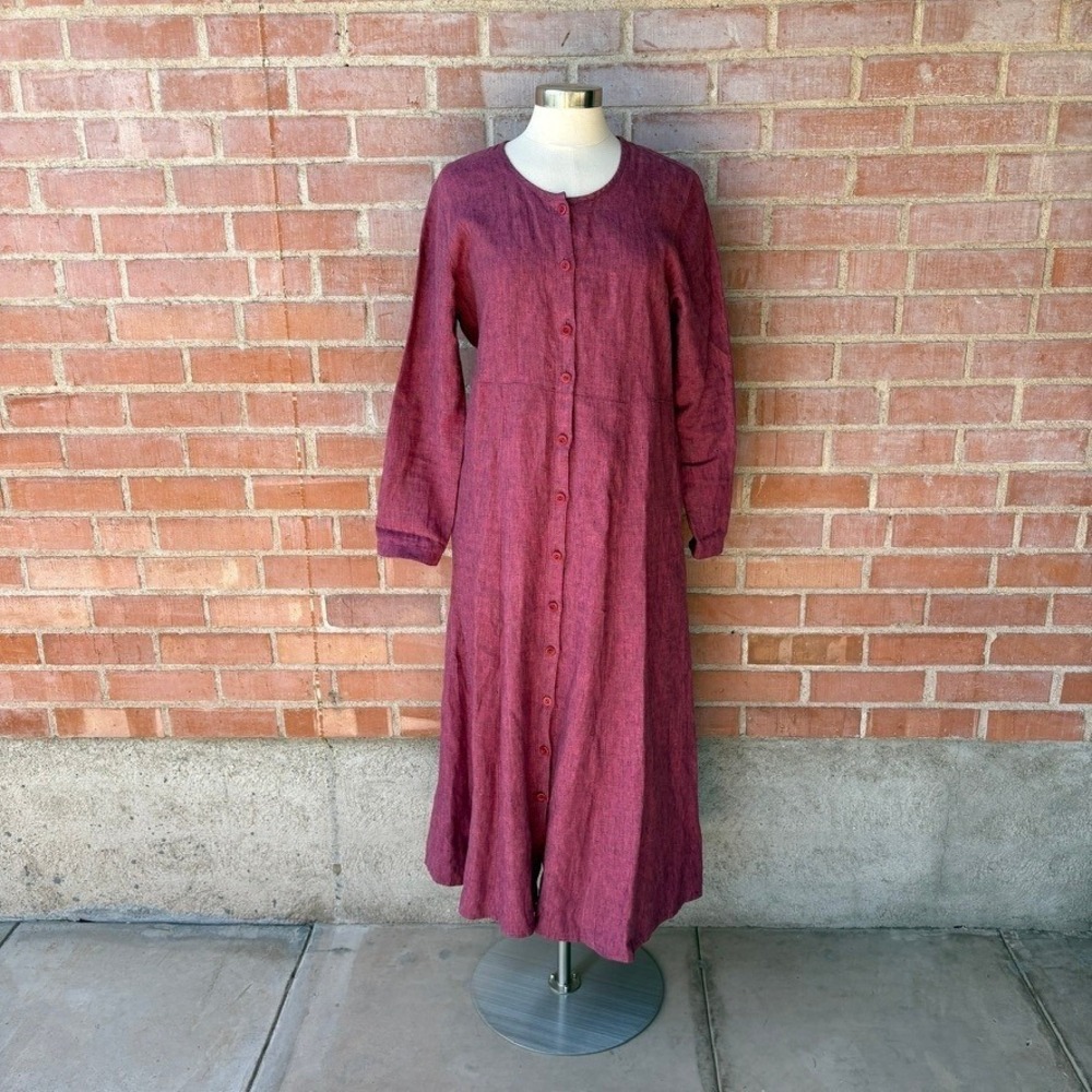 FLAX Long Linen Dress Large Dark Berry Button Up Duster Maxi Layering Jacket S